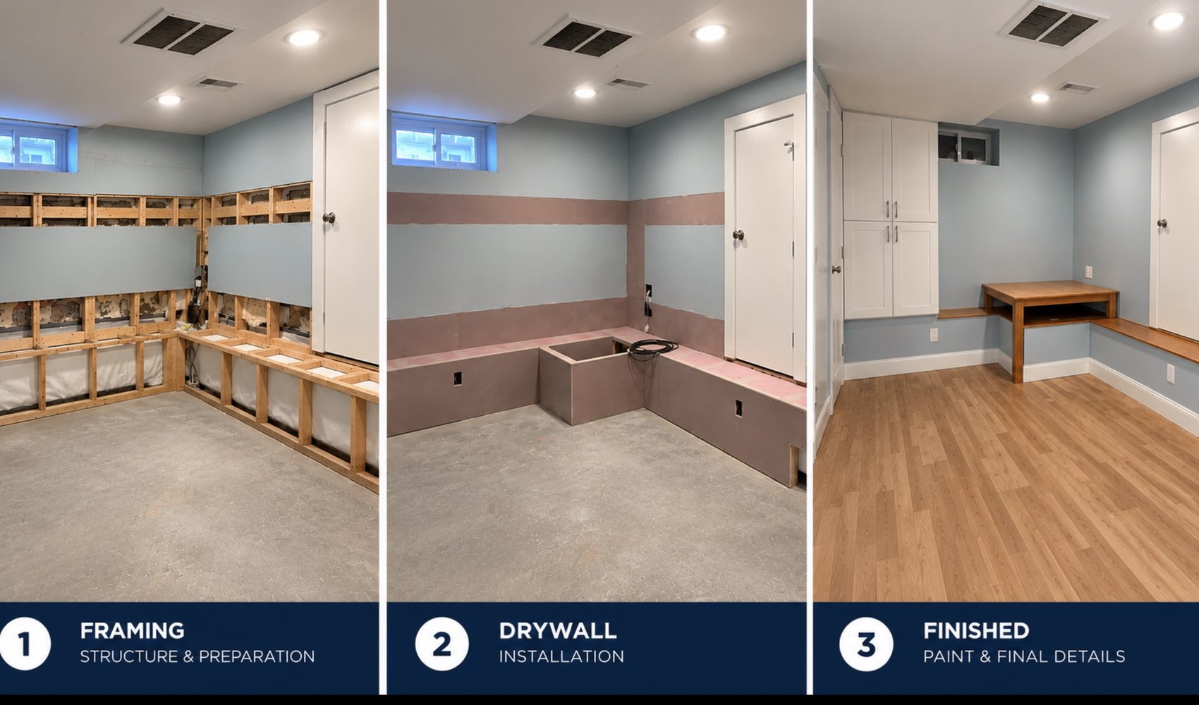 Basement renovation in three steps: framing, drywall and finished room