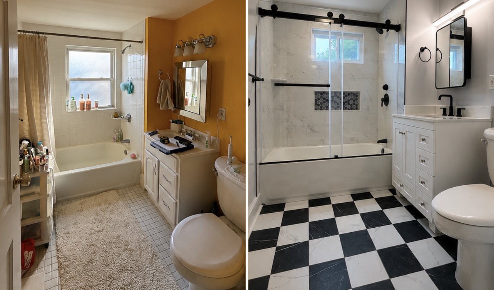 Bathroom before: old tub with curtain and yellow walls; after: marble tile, glass doors, new vanity and checkered floor