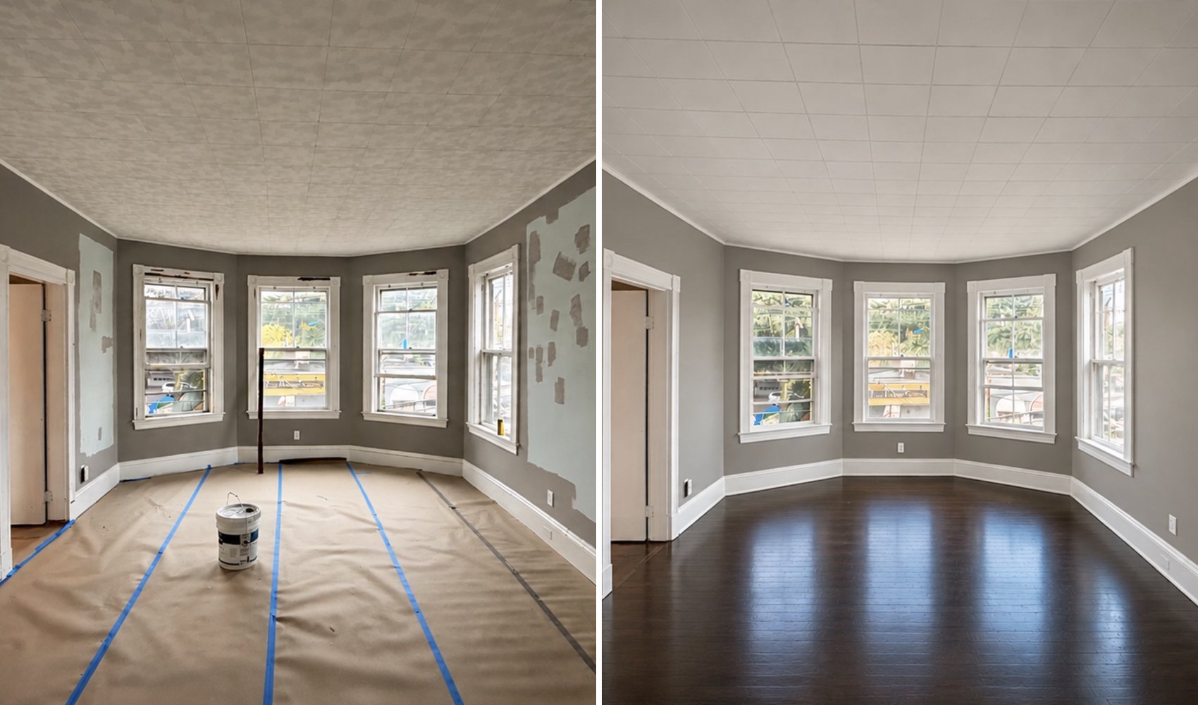 Bay window room before: patched walls and covered floor; after: smooth painted walls, white trim and ceiling