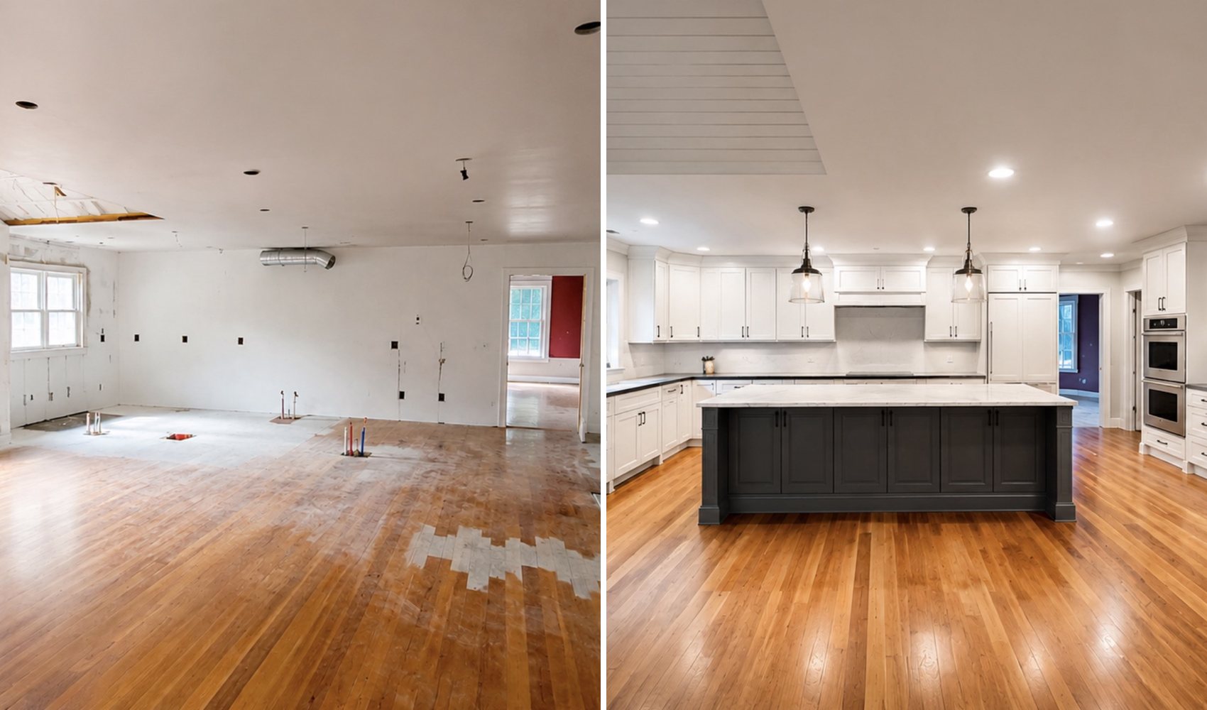 Kitchen before: gutted room with exposed plumbing; after: white shaker cabinets, dark island with marble top and pendant lights