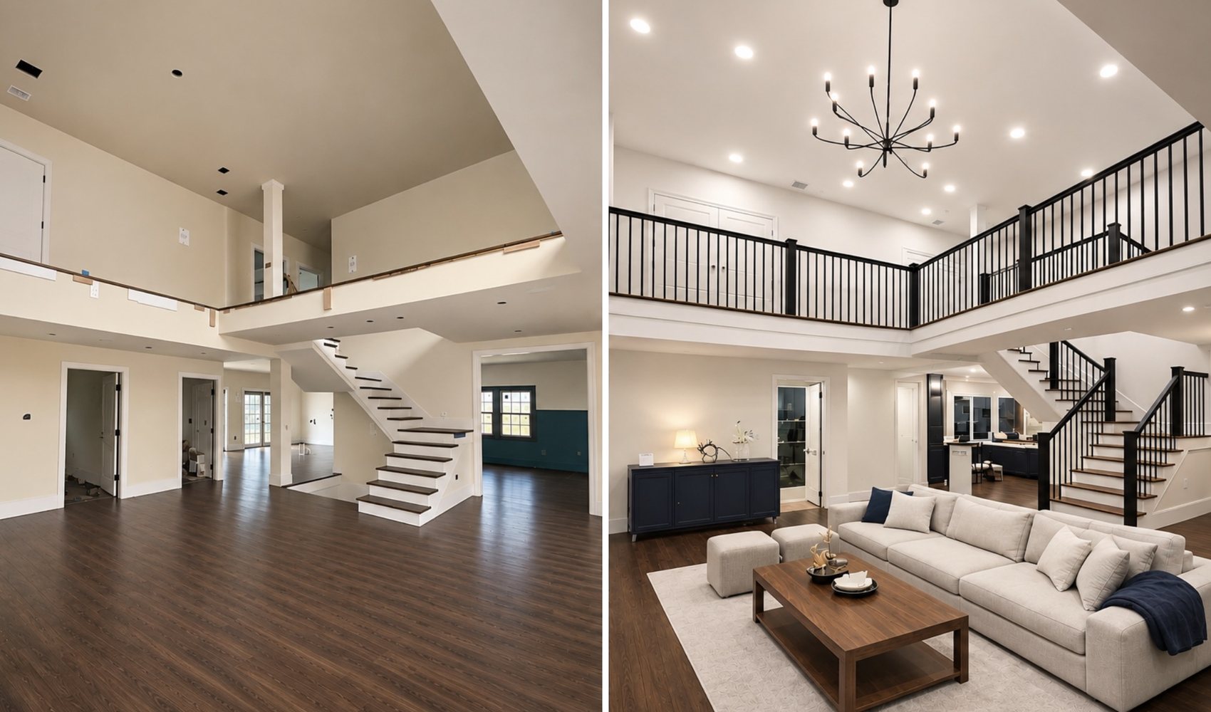Living room with mezzanine before and after: black railings, lighting and finished living space