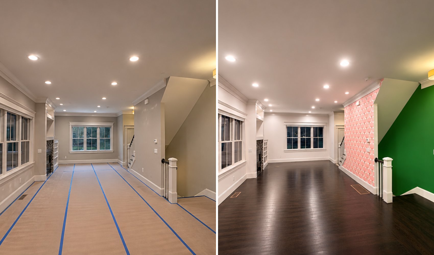 Living room before: beige walls with floors protected; after: white walls, pink wallpaper and green accent wall