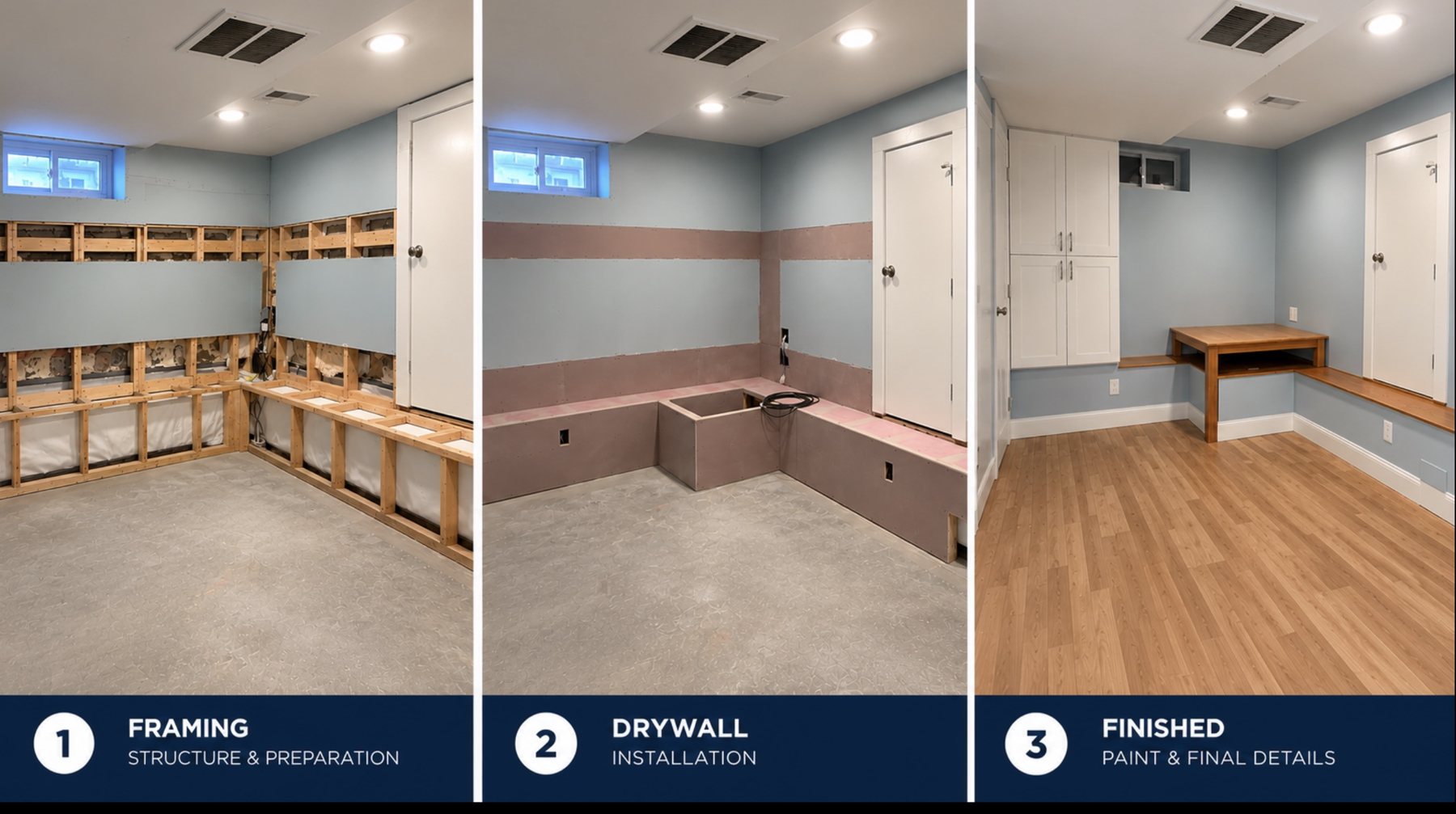 Basement renovation in three steps: framing, drywall and finished room