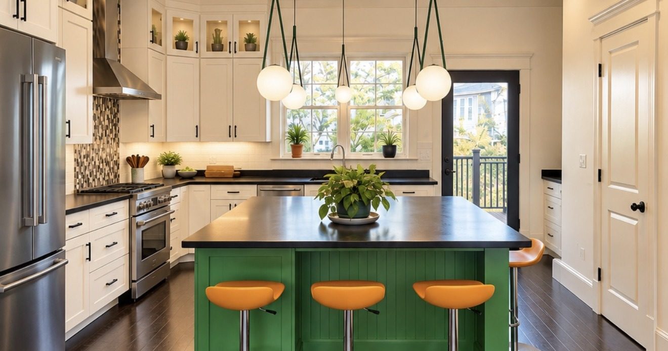 Kitchen with green island and white cabinets