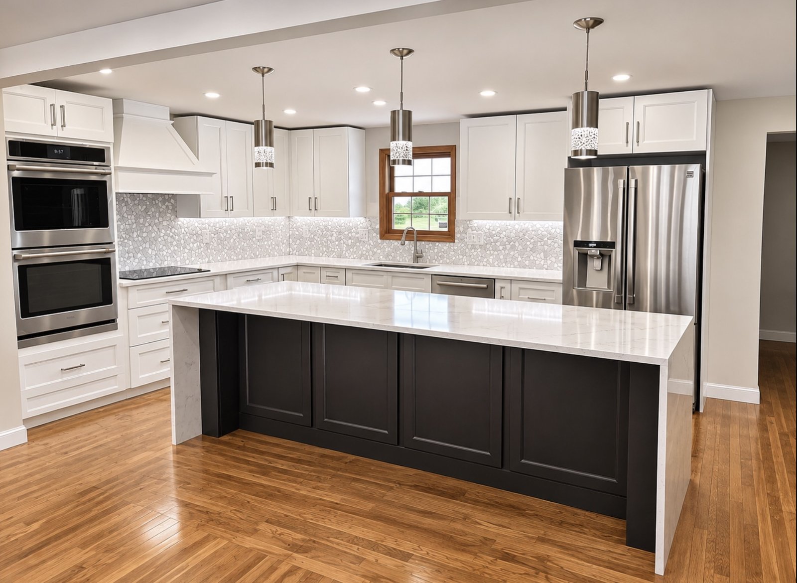 White kitchen with dark island and waterfall quartz countertop