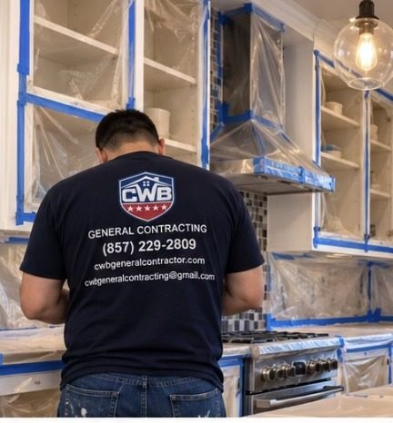 CWB team member protecting a kitchen before work